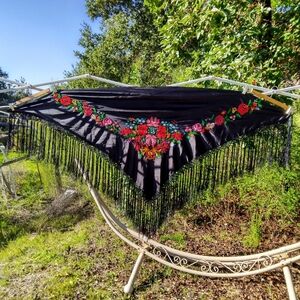 Vintage Floral Satin Embroidered Black Shawl